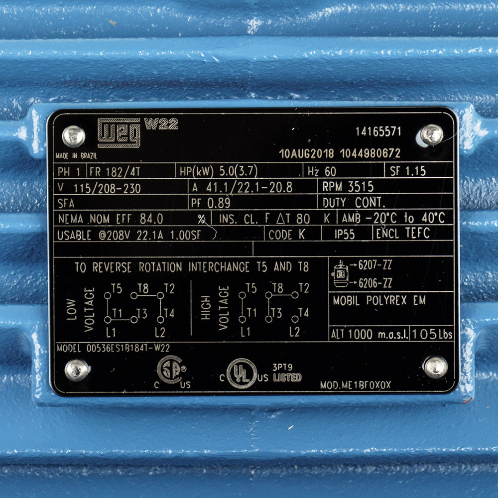5 HP Single Phase Electric Motor 3515 RPM 184T Frame 115/208-30V TEFC WEG(5hp Electric Motor 184t Frame 3600 Rpm Single Phase Weg Farm Duty Air Compressor)