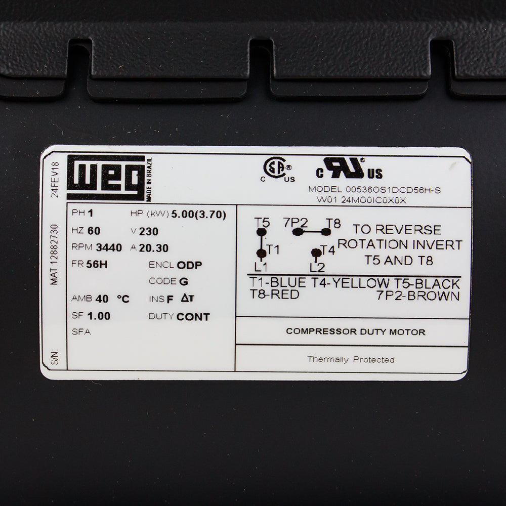 5 HP Single Phase Electric Motor 3440 RPM 56H Frame 230V ODP WEG(5 Hp Air Compressor Duty Electric Motor 56h Frame 3440 Rpm Single Phase Weg New)