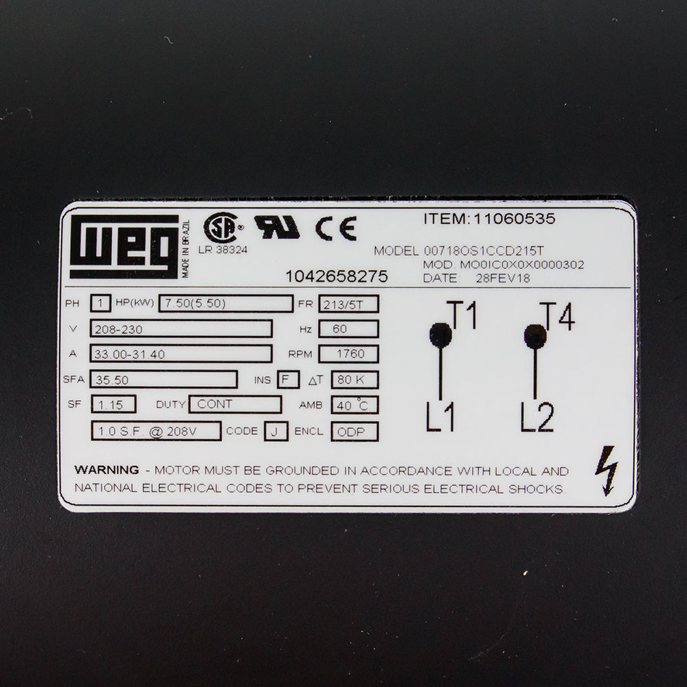 7.5 HP Single Phase Electric Motor 1760 RPM 213/5T Frame 208-230V ODP WEG 00718OS1CCD215T(7 5 Hp Air Compressor Duty Electric Motor 215t Frame 1760 Rpm Single Phase Weg)