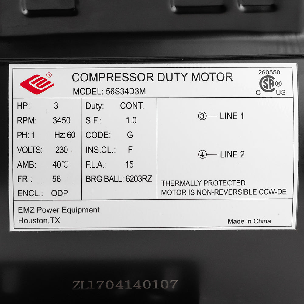 3 HP Single Phase Electric Motor 3450 RPM 56 Frame 230V ODP EMZ 56S34D3M(3 Hp 3450 Rpm Electric Motor Compressor Duty 56 Frame 1 Phase 5 8 Shaft 230 V)