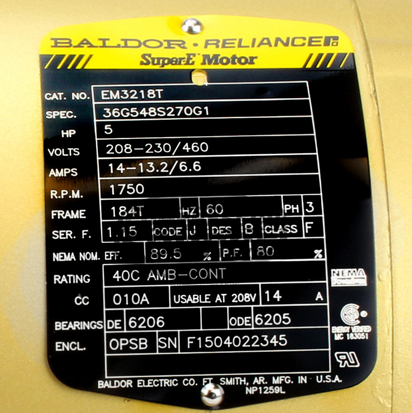 Baldor EM3218T 5 HP 3 Phase Super-E Electric Motor 1750 RPM 184T Frame 208-230/460V OPSB(Baldor 5 Hp Three Phase Electric Compressor Motor 184t Frame 230v 1750 Rpm)