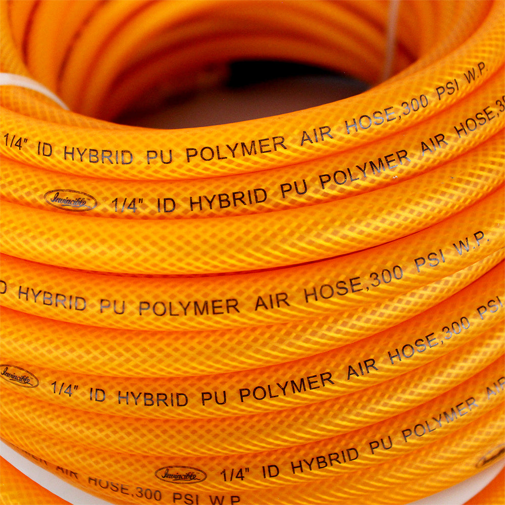 Invincible 1/4" X 100 Ft Air Hose With Bend Restrictors Never Kink High Flow Hybrid Polymer UV, Ozone, Cracking, Chemical, And Oil Resistant FA14100RC/3(1 4 X 100 Foot Orange Hose With Reusable Fittings Air Quick Couplers)