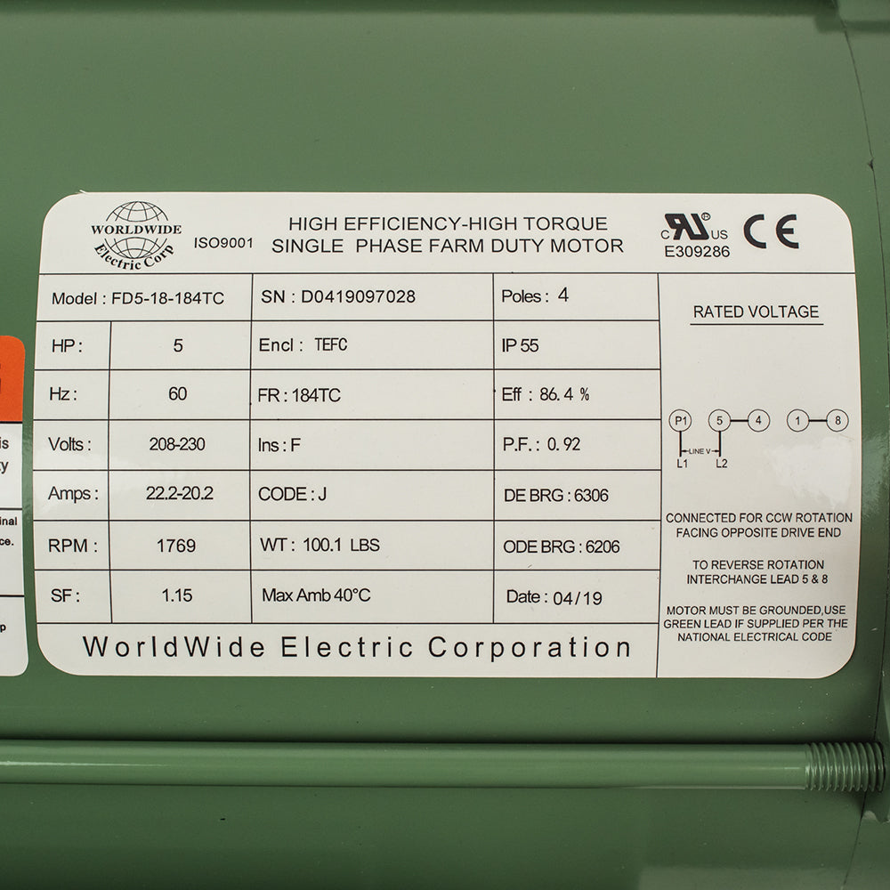 5 HP Single Phase Farm Duty Electric Motor 1769 RPM 184TC Frame 208-230V TEFC C-Face(5 Hp Farm Duty Single Phase Electric Motor C Face 1800 Rpm 184tc Tefc 208 230v)