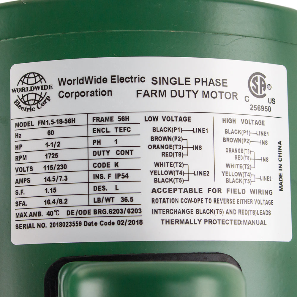 1.5 HP Single Phase Farm Duty Electric Motor 1725 RPM 56H Frame 115/230V TEFC(1 5 Hp Single Phase Farm Duty Electric Motor 56h Frame 1800 Rpm Tefc Enclosure)