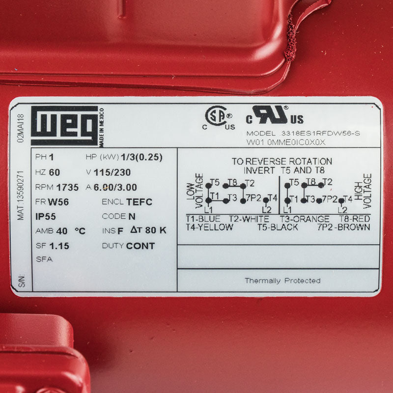 1/3 HP Single Phase Farm Duty Electric Motor 1735 RPM W56 Frame 115/230V TEFC WEG(1 3 Hp Farm Duty Electric Motor W56 Frame 1735 Rpm Single Phase Tefc Weg New)