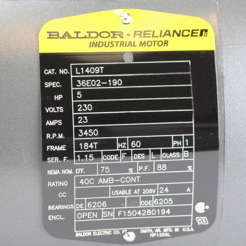 Baldor L1409T 5 HP Single Phase Electric Motor 3450 RPM 184T Frame 230V ODP(Baldor 5 Hp Single Phase Electric Compressor Motor 184t Frame 230v 3450 Rpm)