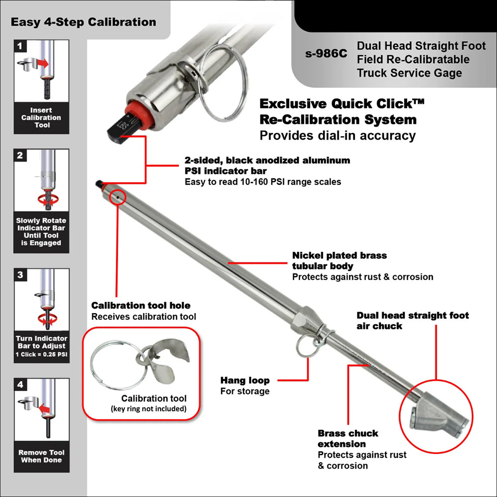Milton S-986C Dual Head Straight Foot Field Re-Calibratable Tire Pressure Gauge(Milton Dual Head Straight Foot Field Re Calibratable Truck Service Gage)