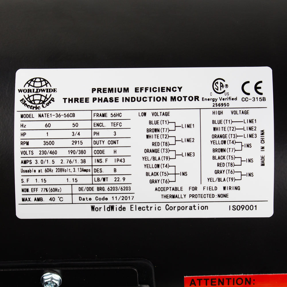 1 HP 3 Phase Electric Motor 3500 RPM 56HC Frame 230/460V TEFC C-Face(1 Hp Electric Motor 3 Phase 56c Frame 3600 Rpm Tefc 208 230 460 Volt New)
