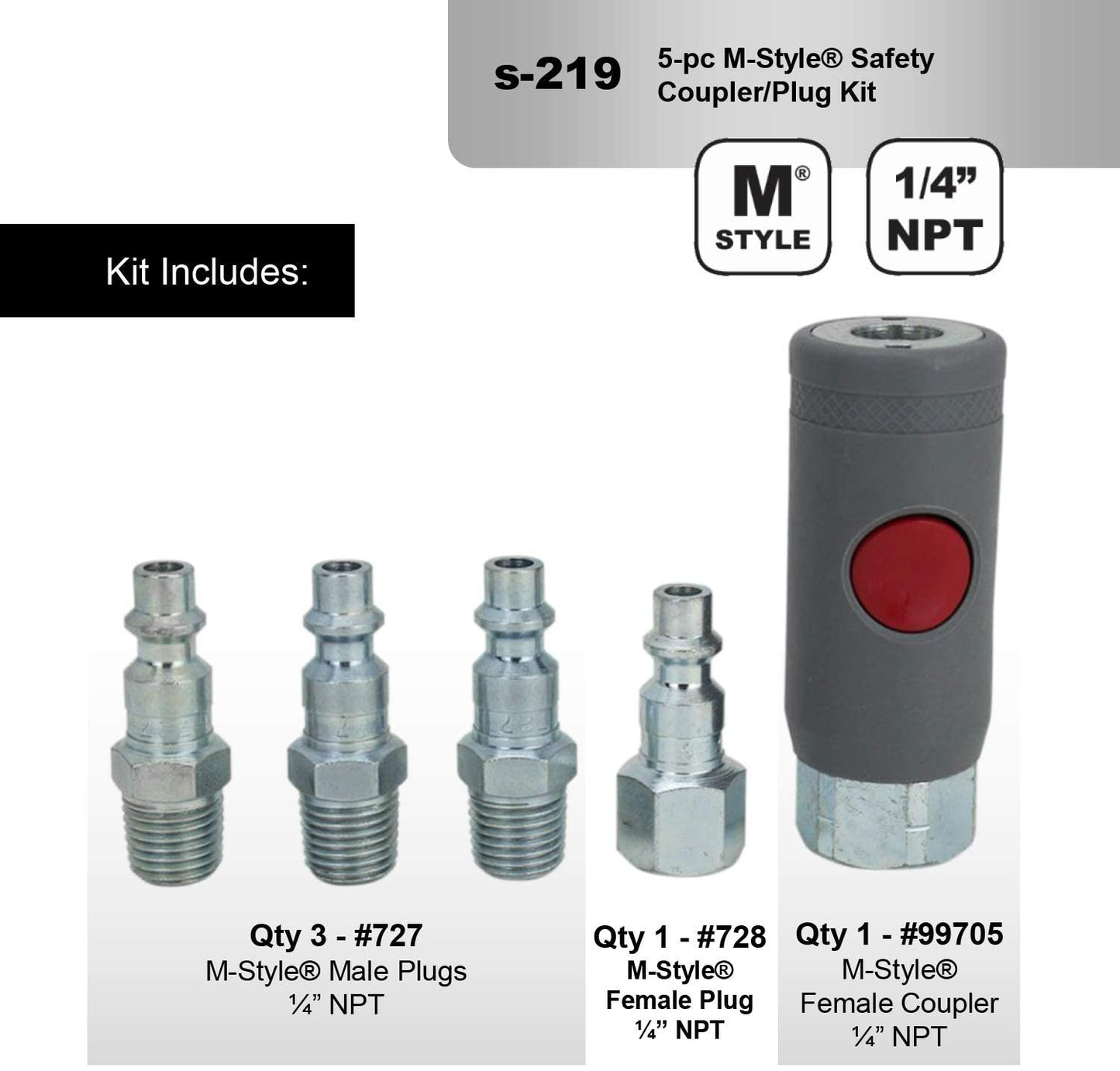 Milton S-219 1/4" M Style Safety Coupler And Plug Kit 5 Pieces Industrial Style(1 4 Fnpt M Style Safety Coupler And Plug Kit 5 Piece Set Milton S 219)
