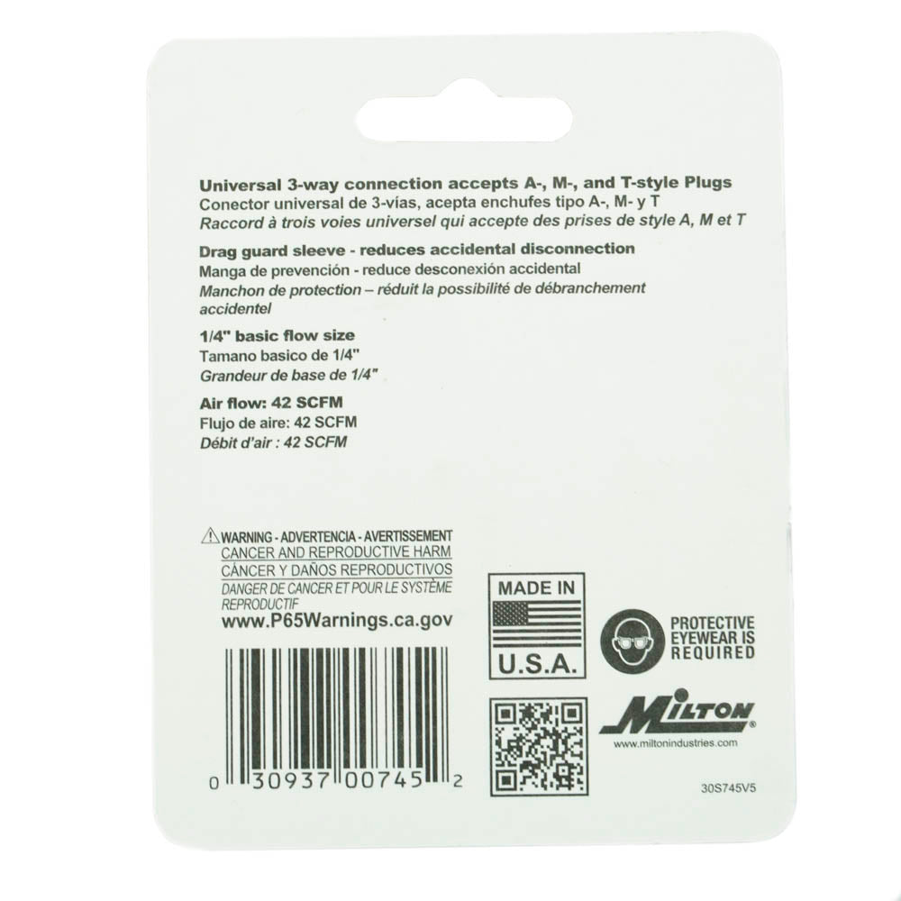 Milton Industries 1/4" FNPT A,M,&T Style Coupler 300 PSI Maximum 42 SCFM S-745(3 Way 1 4 F Body A M T)