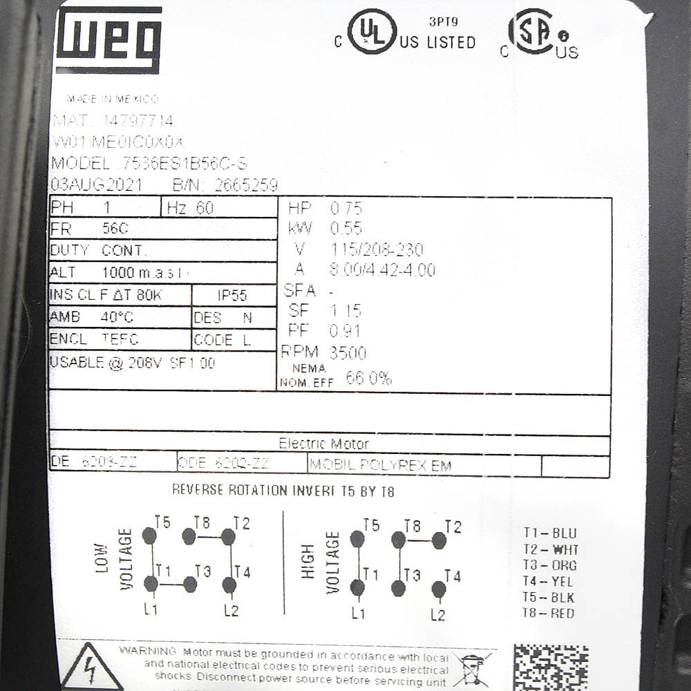 3/4 HP Single Phase Electric Motor 3500 RPM 56C Frame 115/208-230V TEFC C-Face WEG(Rolled Steel 75 Hp Electric Motor 56c 1 Phase 115 208 230v 60hz Ic411 Tefc Weg)