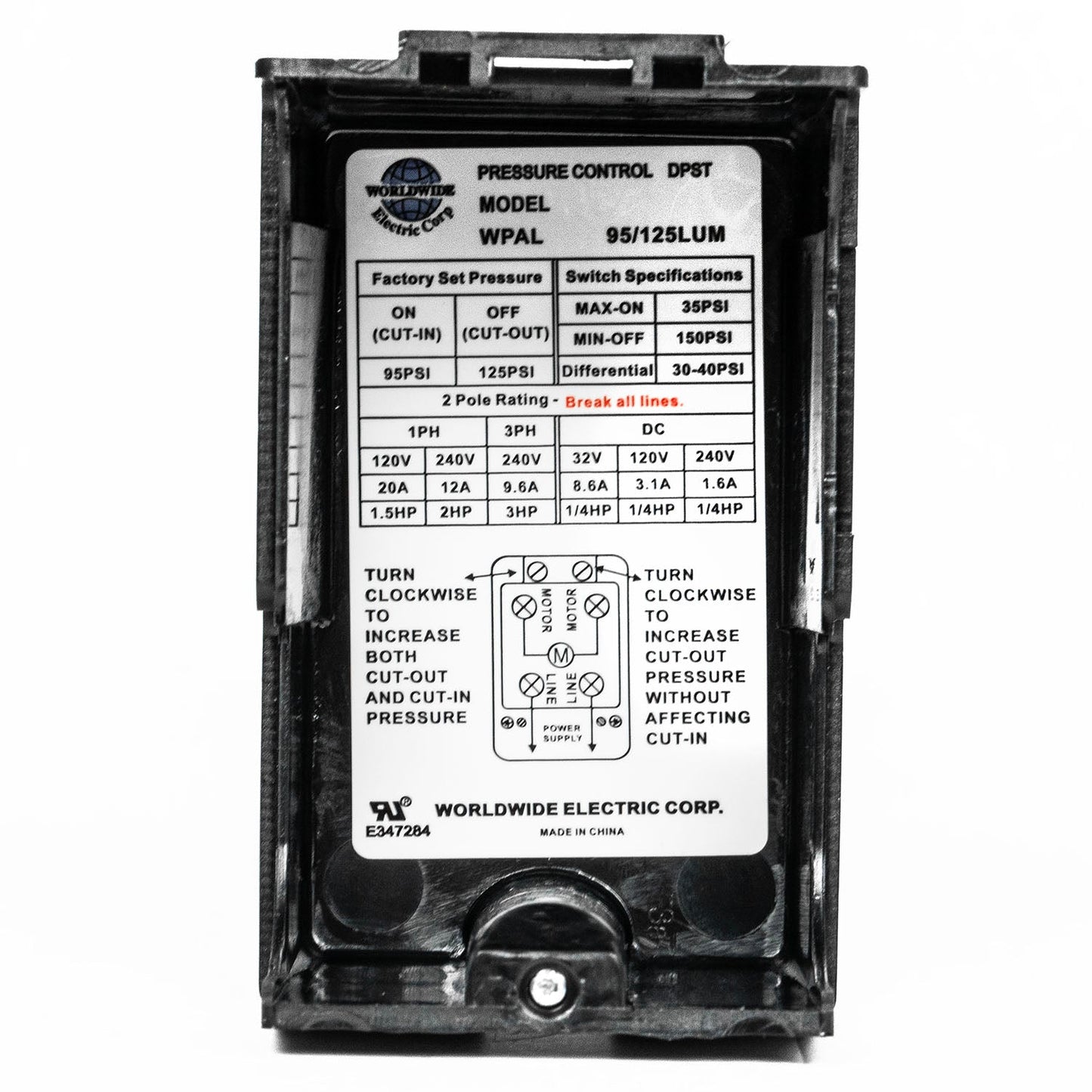 Single Port 95-125 PSI Air Compressor Pressure Switch Control 1/4" Male NPT(Wpal95 125lum Pressure Switch)