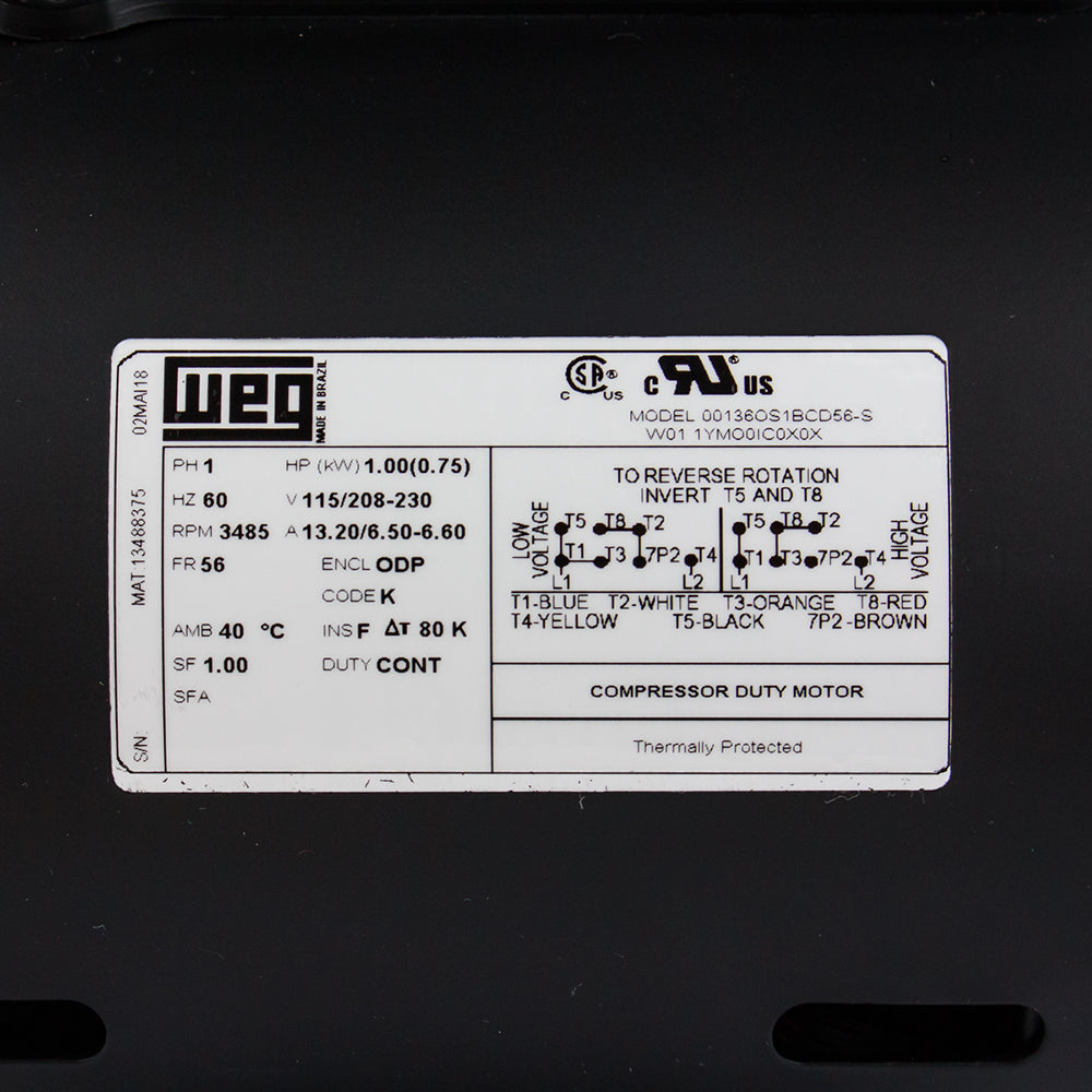  1 HP Single Phase Electric Motor 3485 RPM 56 Frame 115/208-230V ODP WEG(1 Hp Air Compressor Electric Motor 56 Frame 3485 Rpm Single Phase Weg New)