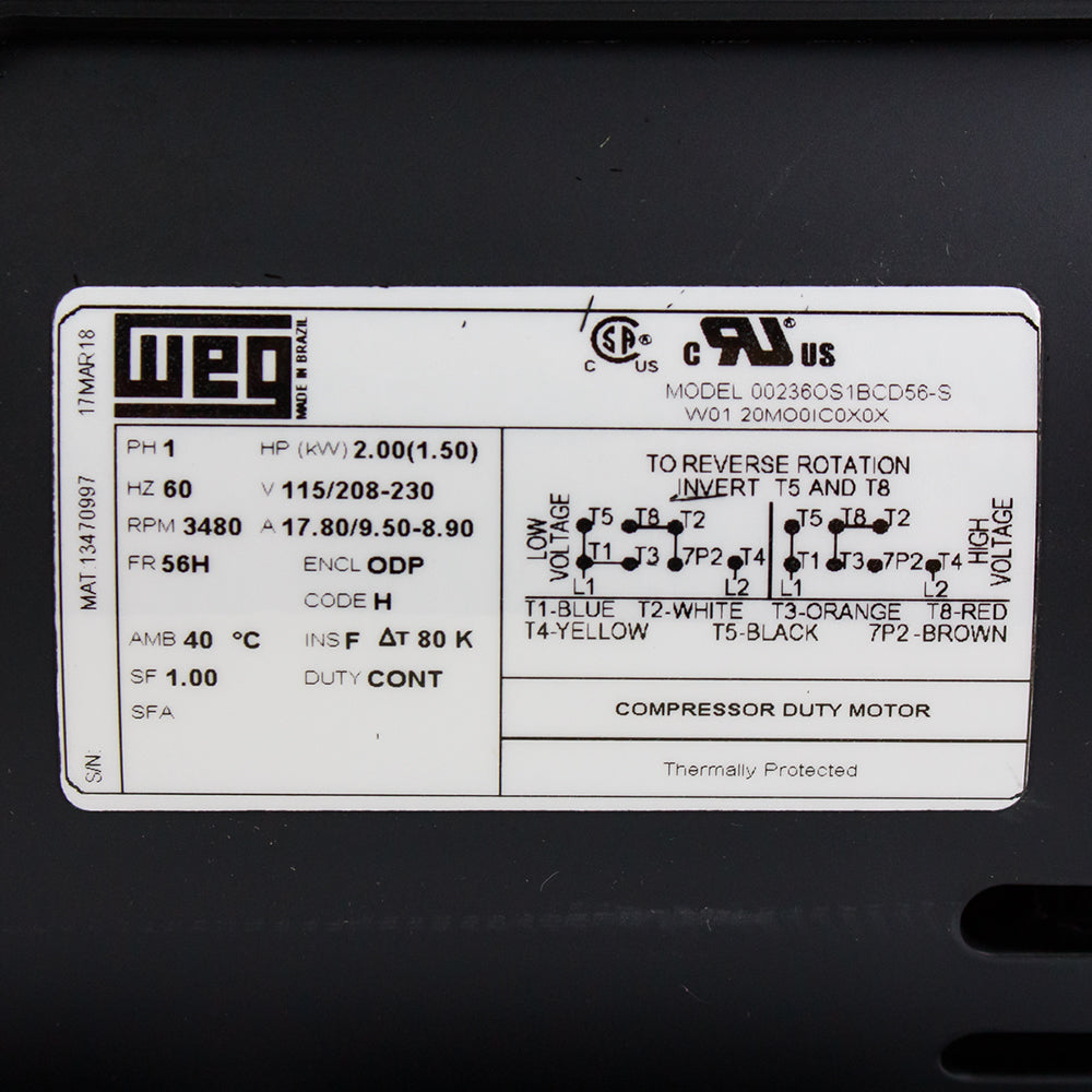  2 HP Single Phase Electric Motor 3450 RPM 56H Frame 115/208-230V ODP WEG 00236OS1BCD56-S(Weg 2 Hp Single Phase Electric Heavy Duty Compressor Motor 56h Frame 115 230v 3480 Rpm)