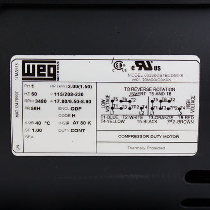  2 HP Single Phase Electric Motor 3450 RPM 56H Frame 115/208-230V ODP WEG 00236OS1BCD56-S(Weg 2 Hp Single Phase Electric Heavy Duty Compressor Motor 56h Frame 115 230v 3480 Rpm)