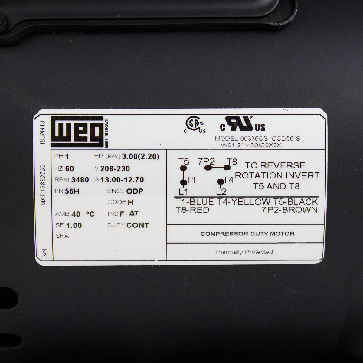  3 HP Single Phase Electric Motor 3480 RPM 56H Frame 208-230V ODP WEG 00336OS1CCD56-S(Weg 3 Hp Single Phase Electric Heavy Duty Compressor Motor 56 Frame 208 230v 3450 Rpm)