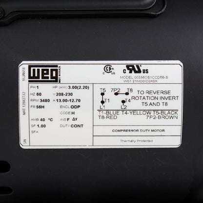  3 HP Single Phase Electric Motor 3480 RPM 56H Frame 208-230V ODP WEG 00336OS1CCD56-S(Weg 3 Hp Single Phase Electric Heavy Duty Compressor Motor 56 Frame 208 230v 3450 Rpm)