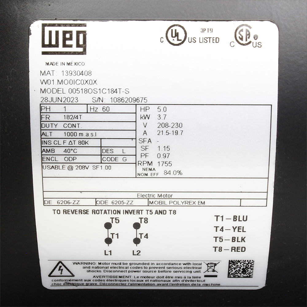  5 HP Single Phase Electric Motor 3450 RPM 182/4T Frame 208-230V ODP WEG(Rolled Steel 5 Hp 4p 182 4t 1ph 208 230 V 60 Hz Ic01 Odp Foot Mounted)