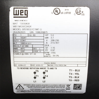  5 HP Single Phase Electric Motor 3450 RPM 182/4T Frame 208-230V ODP WEG(Rolled Steel 5 Hp 4p 182 4t 1ph 208 230 V 60 Hz Ic01 Odp Foot Mounted)