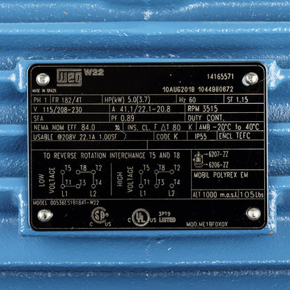  5 HP Single Phase Electric Motor 3515 RPM 184T Frame 115/208-30V TEFC WEG(5hp Electric Motor 184t Frame 3600 Rpm Single Phase Weg Farm Duty Air Compressor)