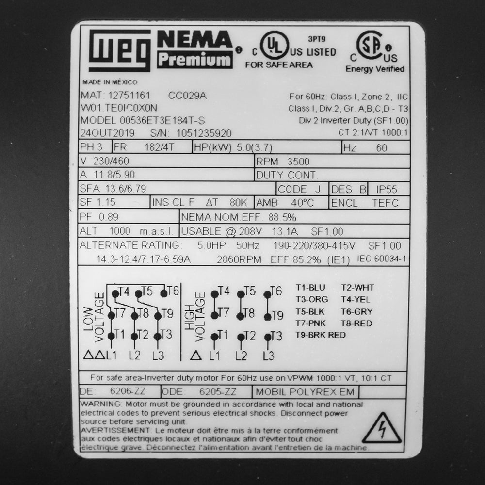  5 HP 3 Phase Electric Motor 3500 RPM 182/4T Frame 230/460V TEFC WEG(5hp Electric Motor 184t Frame 3600 Rpm Three Phase Weg Farm Duty Tefc Enclosed)