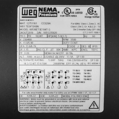  5 HP 3 Phase Electric Motor 3500 RPM 182/4T Frame 230/460V TEFC WEG(5hp Electric Motor 184t Frame 3600 Rpm Three Phase Weg Farm Duty Tefc Enclosed)
