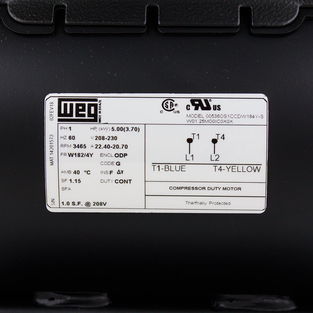  5 HP Single Phase Electric Motor 3465 RPM W182/4Y Frame 208-230V ODP WEG(5 Hp Air Compressor Duty Electric Motor W182 4y Frame 3465 Rpm Single Phase Weg)