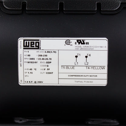  5 HP Single Phase Electric Motor 3465 RPM W182/4Y Frame 208-230V ODP WEG(5 Hp Air Compressor Duty Electric Motor W182 4y Frame 3465 Rpm Single Phase Weg)