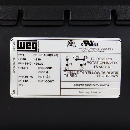  5 HP Single Phase Electric Motor 3440 RPM 56H Frame 230V ODP WEG(5 Hp Air Compressor Duty Electric Motor 56h Frame 3440 Rpm Single Phase Weg New)