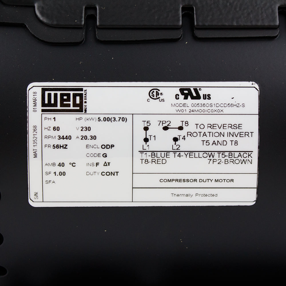 5 HP Single Phase Electric Motor 3440 RPM 56HZ Frame 230V ODP WEG 00536OS1DCD56HZ-S(5 Hp Air Compressor Electric Motor 56hz Frame 3440 Rpm Single Phase Weg New)