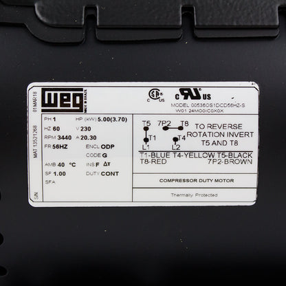  5 HP Single Phase Electric Motor 3440 RPM 56HZ Frame 230V ODP WEG 00536OS1DCD56HZ-S(5 Hp Air Compressor Electric Motor 56hz Frame 3440 Rpm Single Phase Weg New)
