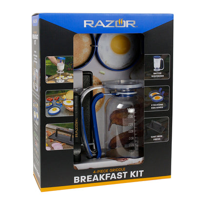  4 Piece Griddle Tool Set Breakfast Batter Dispenser Egg Rings Iron Press 08820RZ(Razor 4 Pc Breakfast Kit)