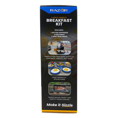  4 Piece Griddle Tool Set Breakfast Batter Dispenser Egg Rings Iron Press 08820RZ(Razor 4 Pc Breakfast Kit)