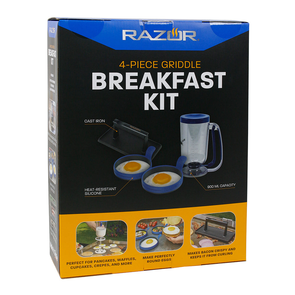 4 Piece Griddle Tool Set Breakfast Batter Dispenser Egg Rings Iron Press 08820RZ(Razor 4 Pc Breakfast Kit)