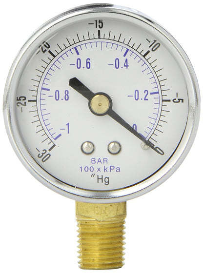  1/4" NPT 0 To -30 PSI Vacuum Air Pressure Gauge Lower Side Mount With 2" Face 101D-204A(1 4 Npt 0 To 30 Psi Vacuum Air Pressure Gauge Lower Side Mount With 2 Face)