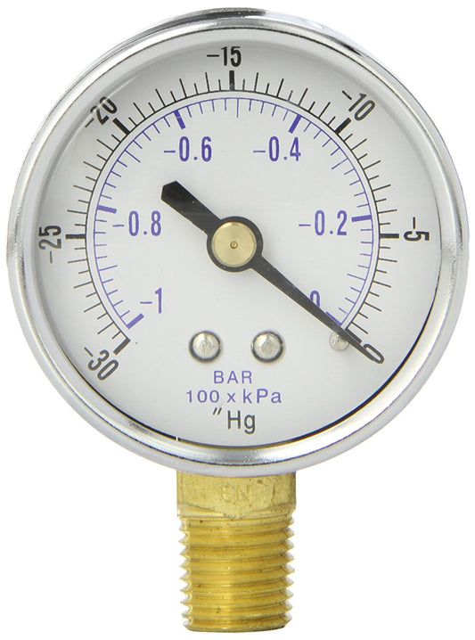  1/4" NPT 0 To -30 PSI Vacuum Air Pressure Gauge Lower Side Mount With 2" Face 101D-204A(1 4 Npt 0 To 30 Psi Vacuum Air Pressure Gauge Lower Side Mount With 2 Face)