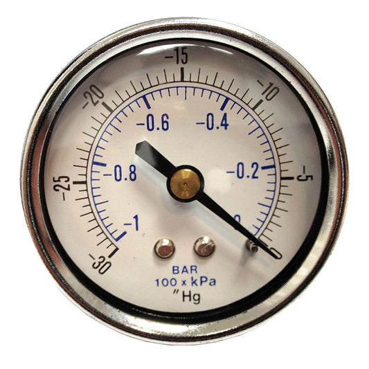  1/8" NPT 0 To -30 PSI Vacuum Air Pressure Gauge Center Back Mount With 1.5" Face(1 8 Npt 0 To 30 Psi Vacuum Air Pressure Gauge Center Back Mount With 1 5 Face)