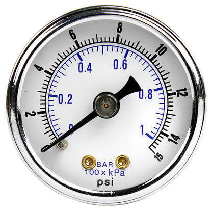  1/8" NPT 0-15 PSI Air Pressure Gauge Center Back Mount With 1.5" Face(1 8 Npt 0 15 Psi Air Pressure Gauge Center Back Mount With 1 5 Face)