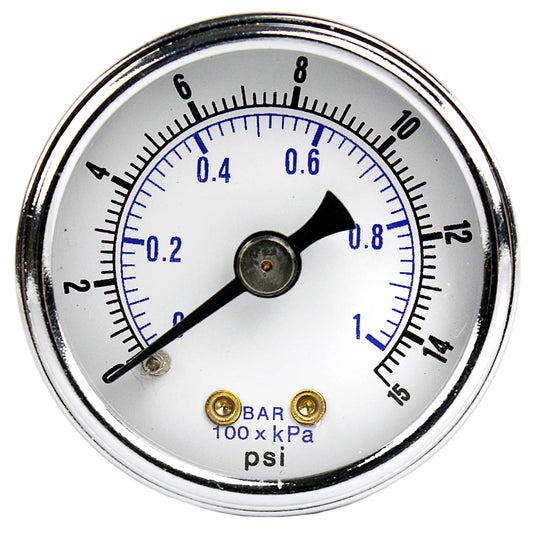  1/8" NPT 0-15 PSI Air Pressure Gauge Center Back Mount With 1.5" Face(1 8 Npt 0 15 Psi Air Pressure Gauge Center Back Mount With 1 5 Face)