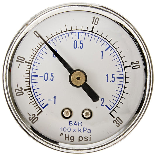  1/4" NPT -30 0 30 PSI Vacuum Air Pressure Gauge Center Back Mount With 2" Face(1 4 Npt 30 0 30 Psi Vacuum Air Pressure Gauge Center Back Mount With 2 Face)