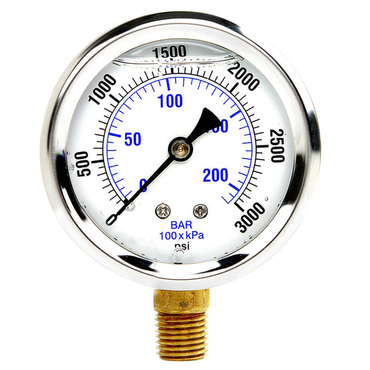  Liquid Filled 0-3,000 PSI Lower Side Mount Air Pressure Gauge With 2.5" Face PRO-201L-254P(Liquid Filled 0 3 000 Psi Lower Side Mount Air Pressure Gauge With 2 5 Face)