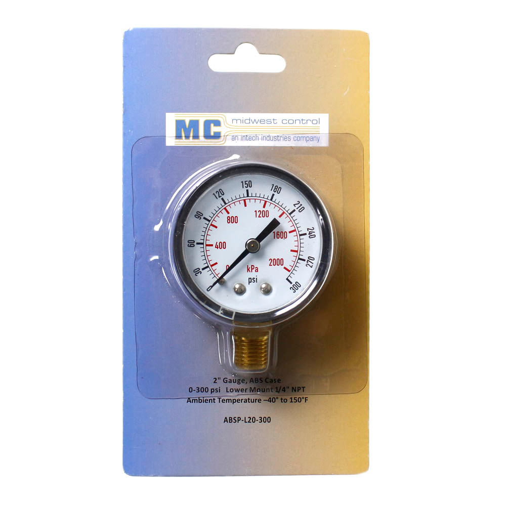  Midwest Control 2" Face Gauge Lower Mount 0-300 PSI 1/4" Brass NPT ABSP-L20-300(Midwest Control 2 Gauge Lower Mount 0 300 Psi)