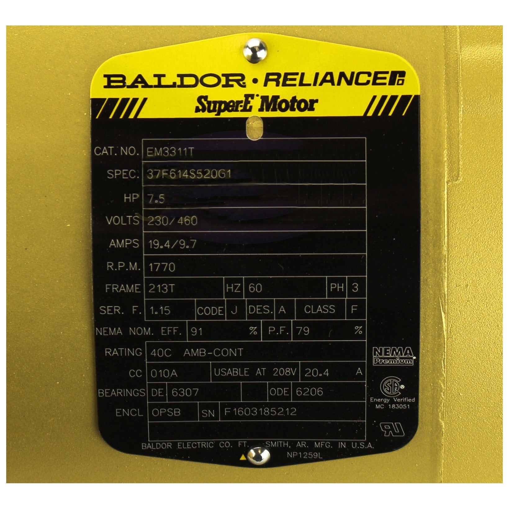 Baldor EM3311T 7.5 HP 3 Phase Super-E Electric Motor 1770 RPM 213T Frame 230/460V OPSB(Baldor 7 5 Hp 3 Phase Electric Compressor Motor 213t Frame 230v 1770 Rpm)