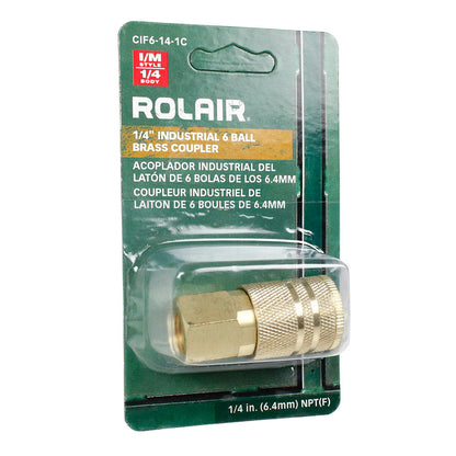  Rolair 1/4" Female Industrial Style 6 Ball Solid Brass Coupler Single CIF6-14-1C(Rolair Female 6 Ball Brass Coupler)