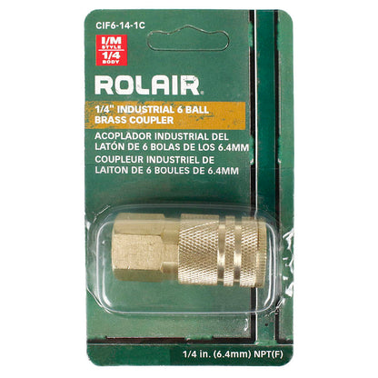  Rolair 1/4" Female Industrial Style 6 Ball Solid Brass Coupler Single CIF6-14-1C(Rolair Female 6 Ball Brass Coupler)