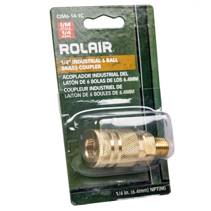  Industrial Style 1/4" NPT 1/4" Body Air Compressor Quick Coupler 6 Ball Bearing(Rolair Male 1 4 6 Ball Brass Coupler)