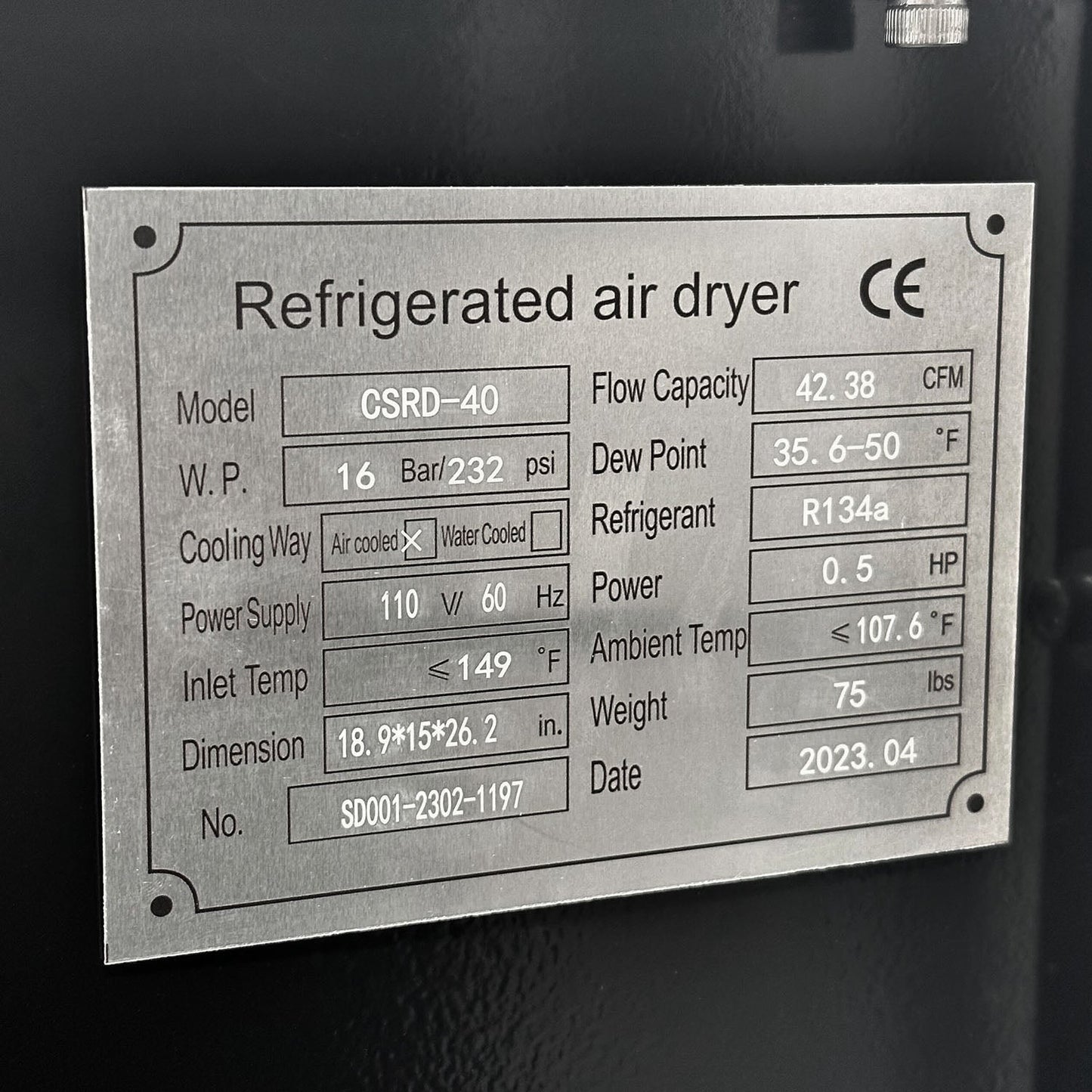 40 CFM Compressed Air Refrigerated Air Dryer For 7.5 HP Air Compressors 110V CSRD-40(40 Cfm Compressed Air Refrigerated Air Dryer For 7 5 Hp Air Compressors 110v)