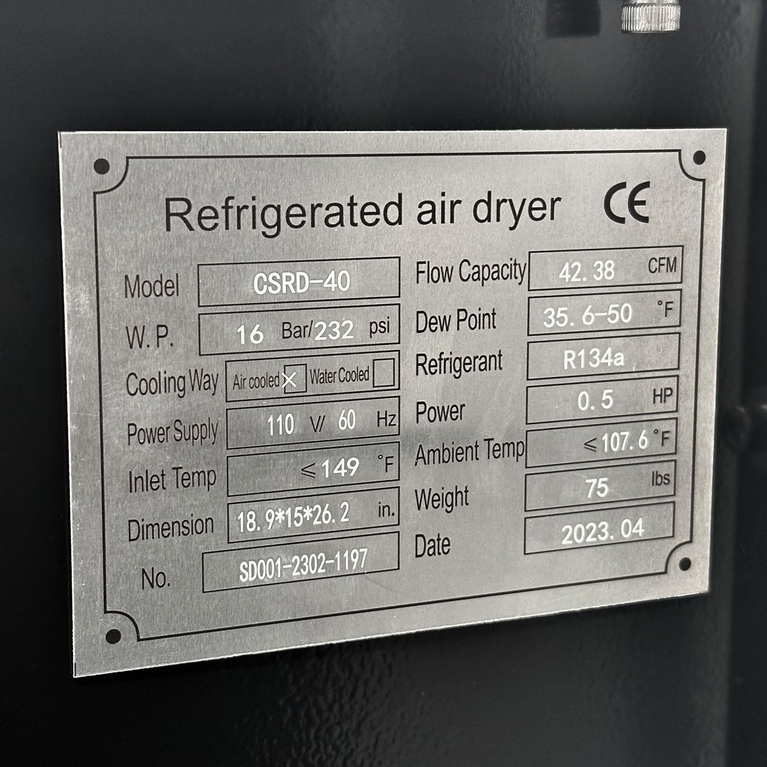  40 CFM Compressed Air Refrigerated Air Dryer For 7.5 HP Air Compressors 110V CSRD-40(40 Cfm Compressed Air Refrigerated Air Dryer For 7 5 Hp Air Compressors 110v)