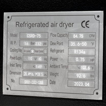  75 CFM Compressed Air Refrigerated Air Dryer For 15 -20 HP Air Compressors 110V(75 Cfm Compressed Air Refrigerated Air Dryer For 15 20 Hp Air Compressors 110v)