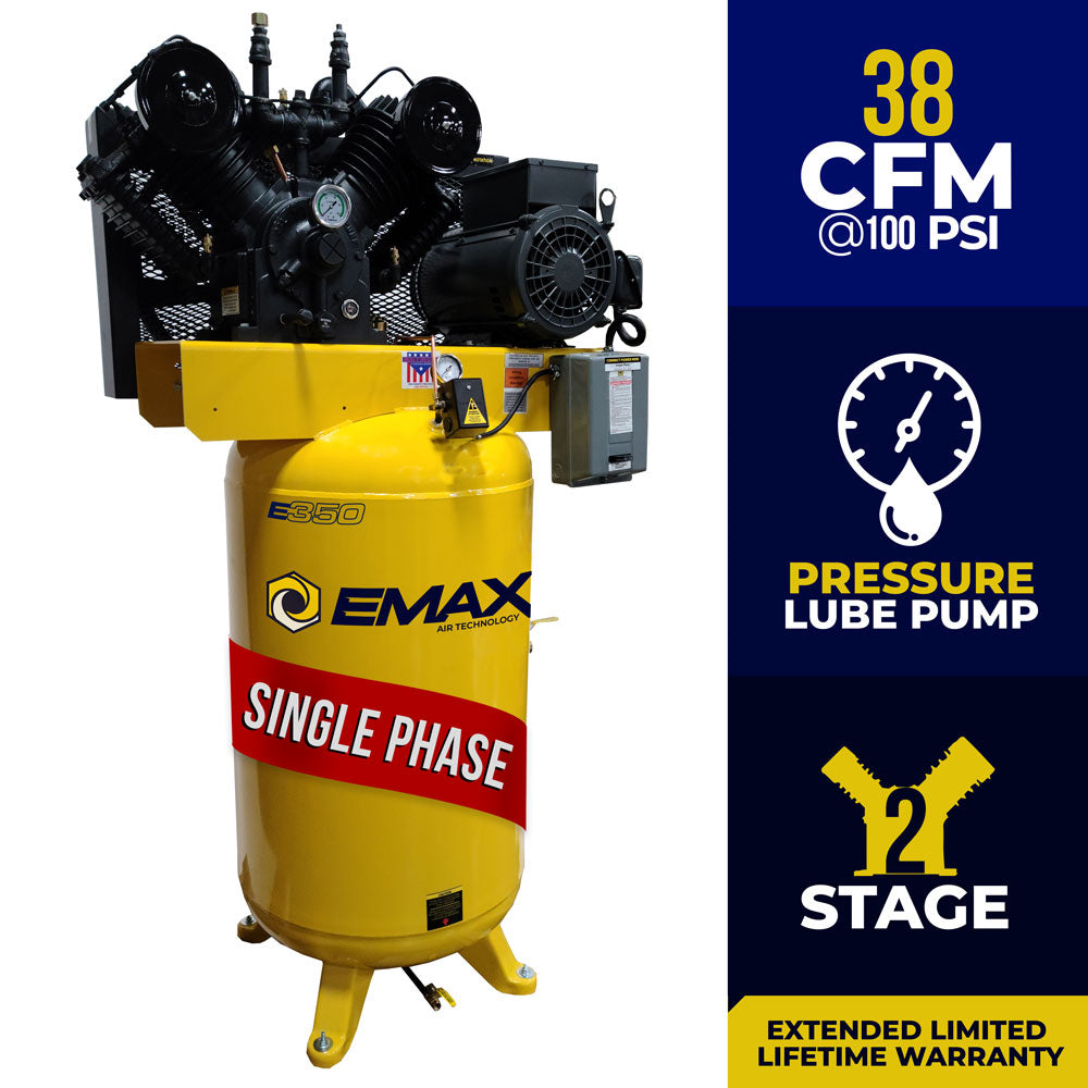  10 HP Air Compressor 1 Phase 80 Gallon Vertical Tank - 38 CFM(Emax Industrial 10 Hp 1 Phase 80 Gal Vertical Industrial Electric Air Compressor With Pressure Lube Pump)